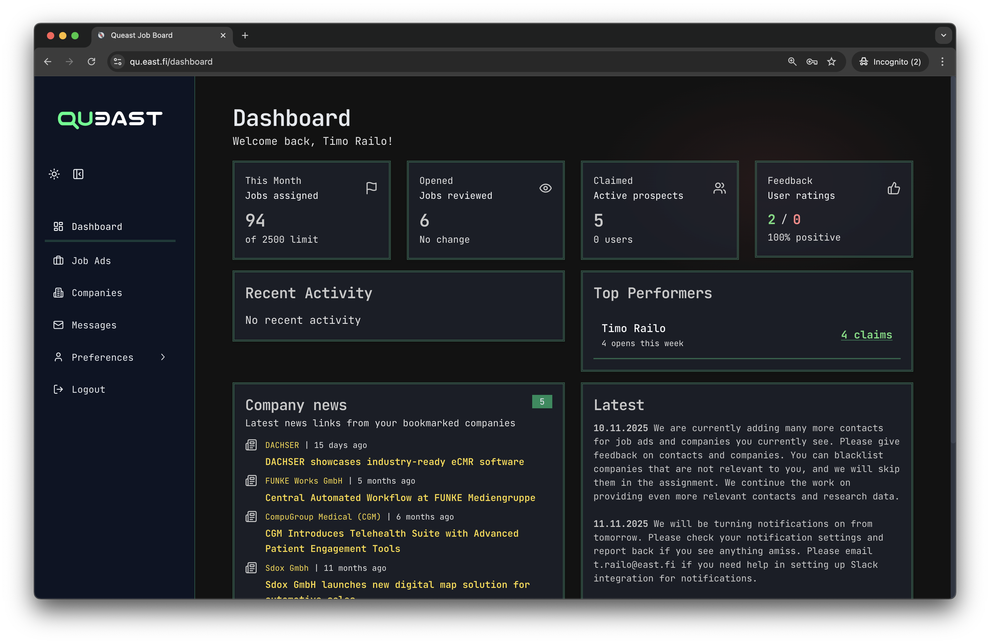 Queast dashboard