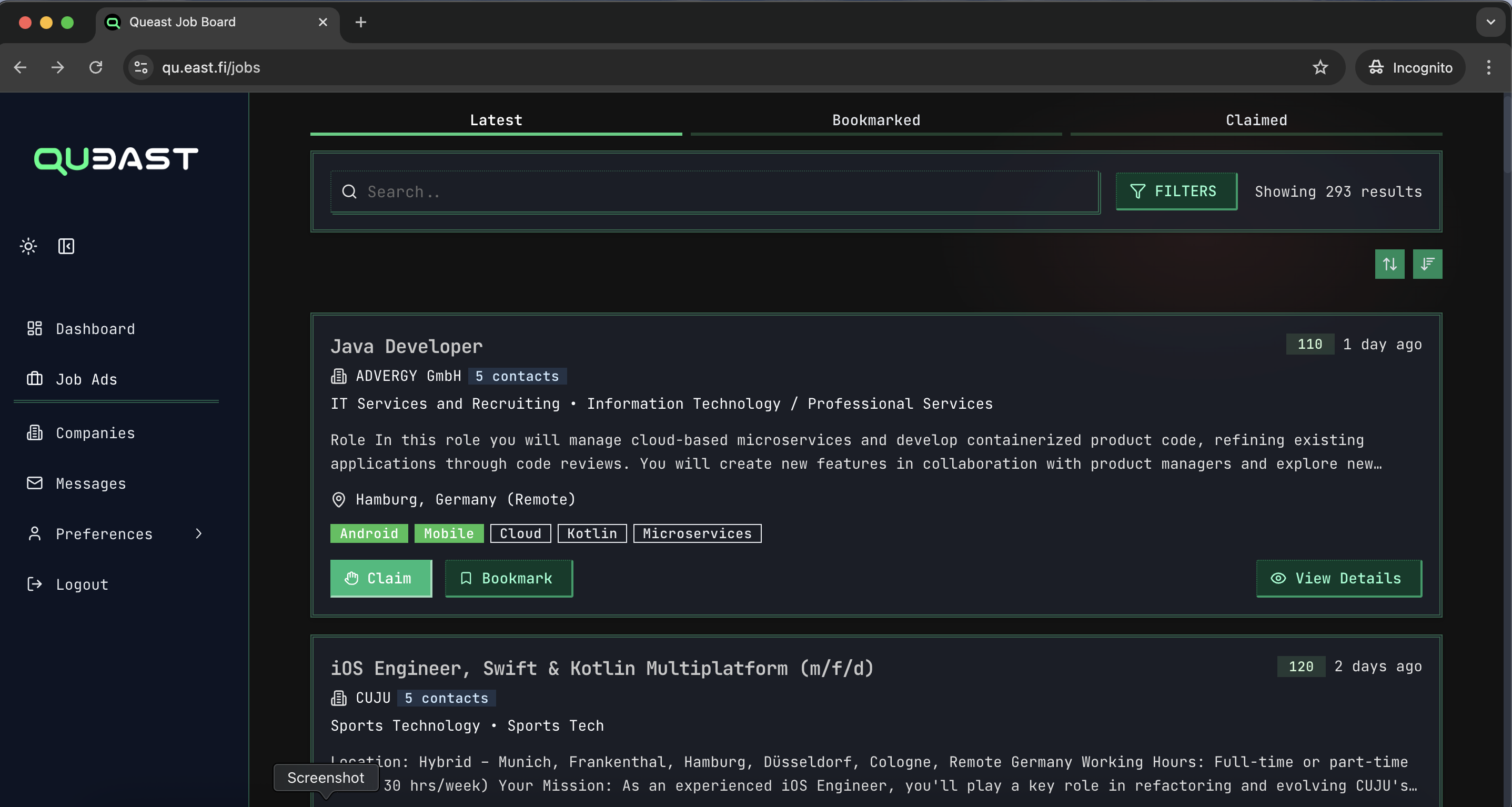 Tag tech stacks, roles and project situations screenshot