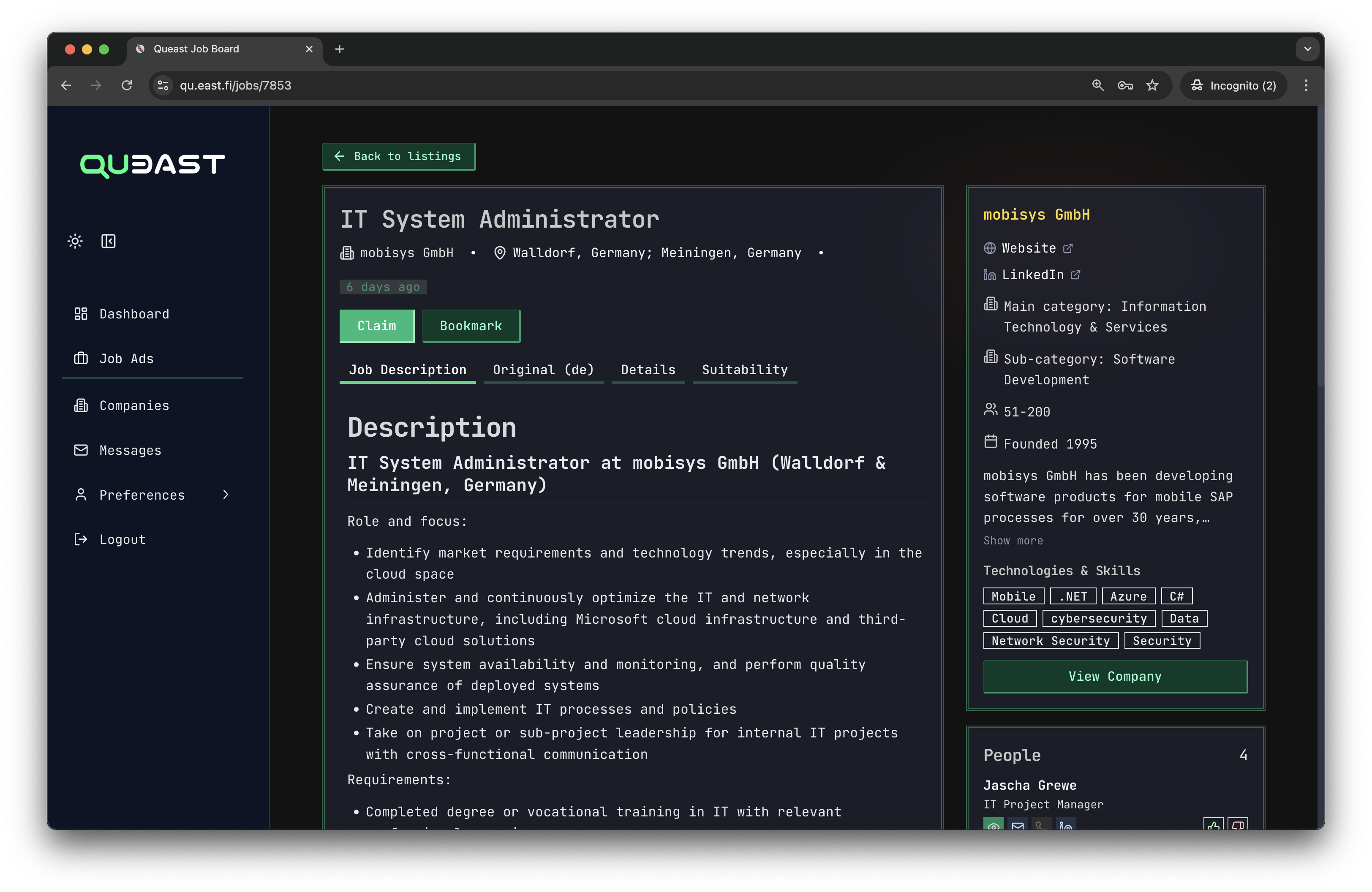 Tag tech stacks, roles and project situations screenshot