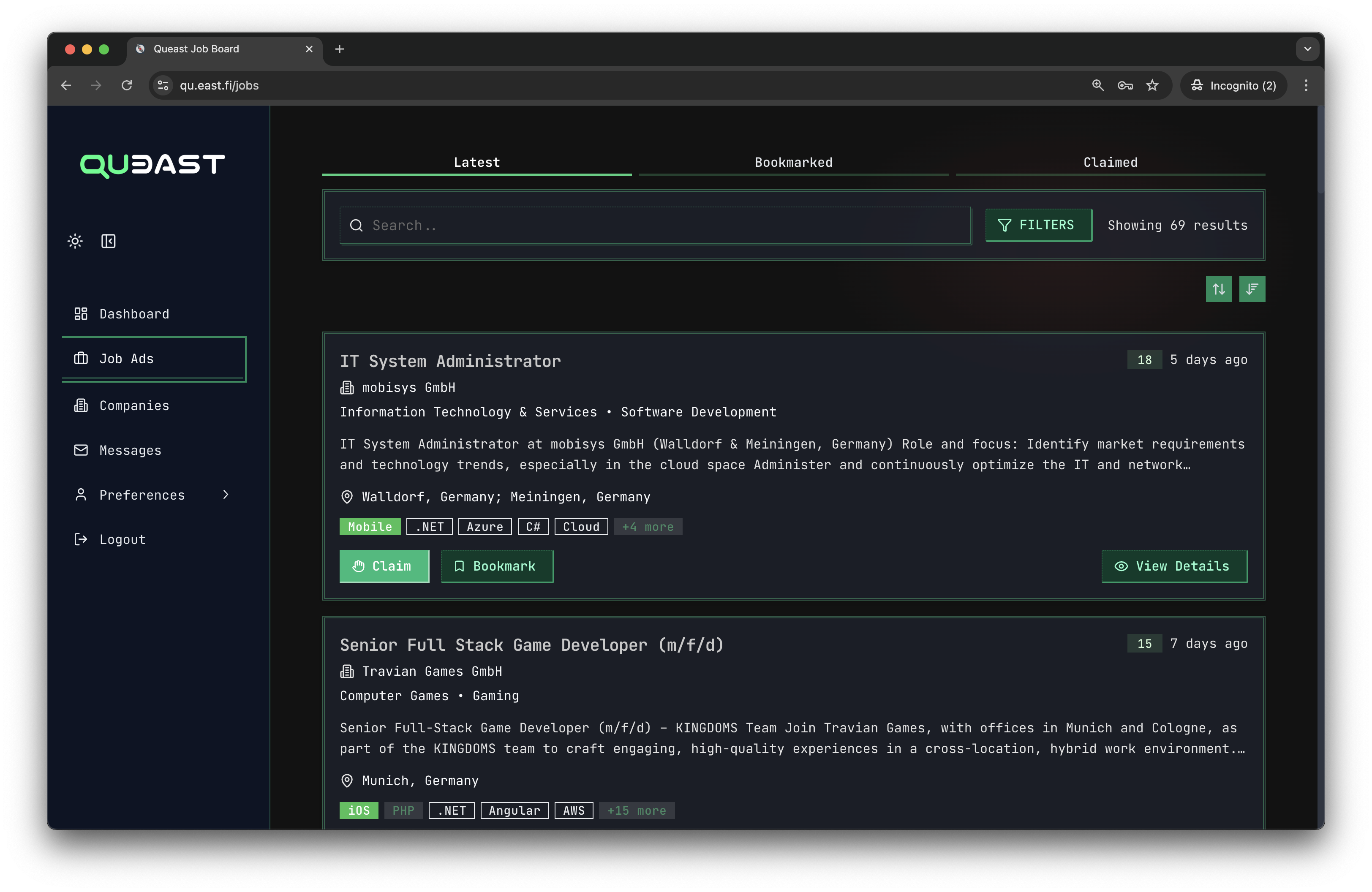 Harvest job ads screenshot