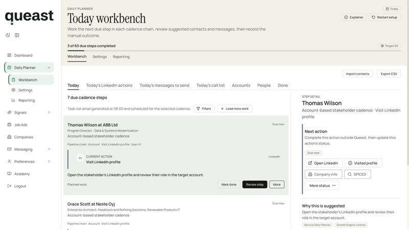 Queast Workbench showing due tasks, a selected LinkedIn profile visit and controls for recording the result.