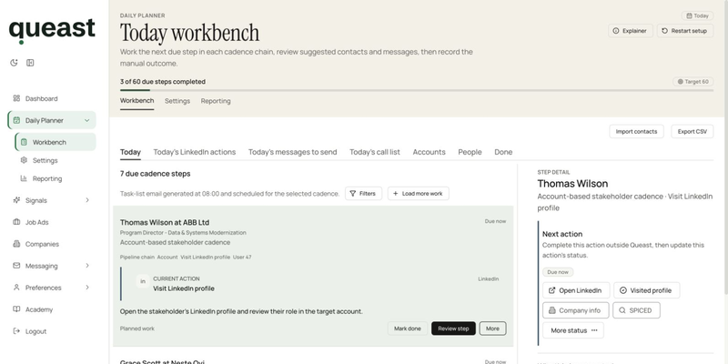 Queast Workbench target-review view showing company-first candidates, company context, stakeholder controls, and select, skip, and snooze actions
