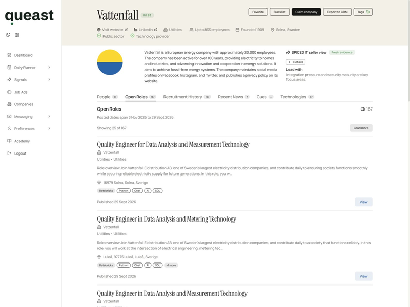 Company profile above the Open Roles list, with People, Recent News and Technologies tabs.