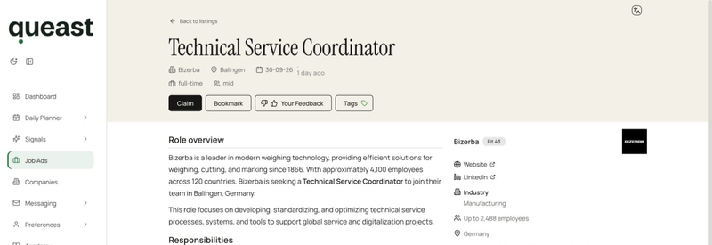 Job detail with a role overview, employment type and experience level beside company details and a View company button.