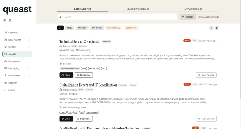 Queast Job Ads feed with search, filters, and job cards showing company details, role summaries, and technology tags.