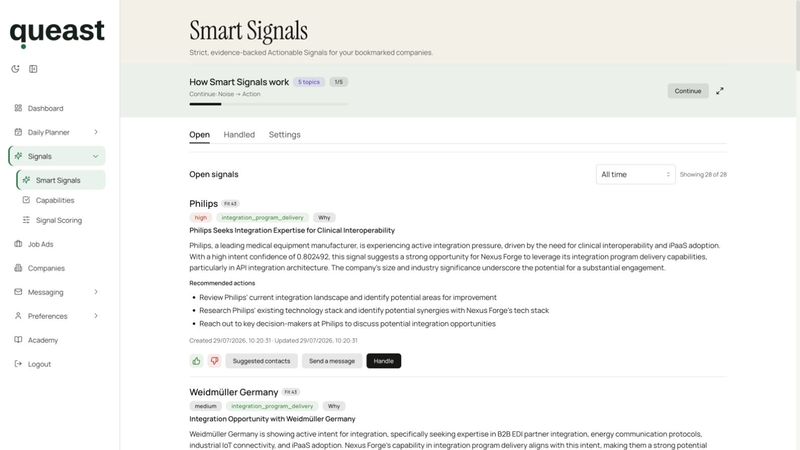 Smart Signals feed with recommendation summaries, capability labels, recommended actions, Suggested contacts and Send a message controls.